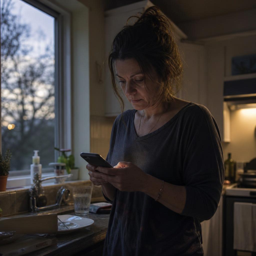 A weary woman in her forties stands at her kitchen counter looking at her lit-up phone