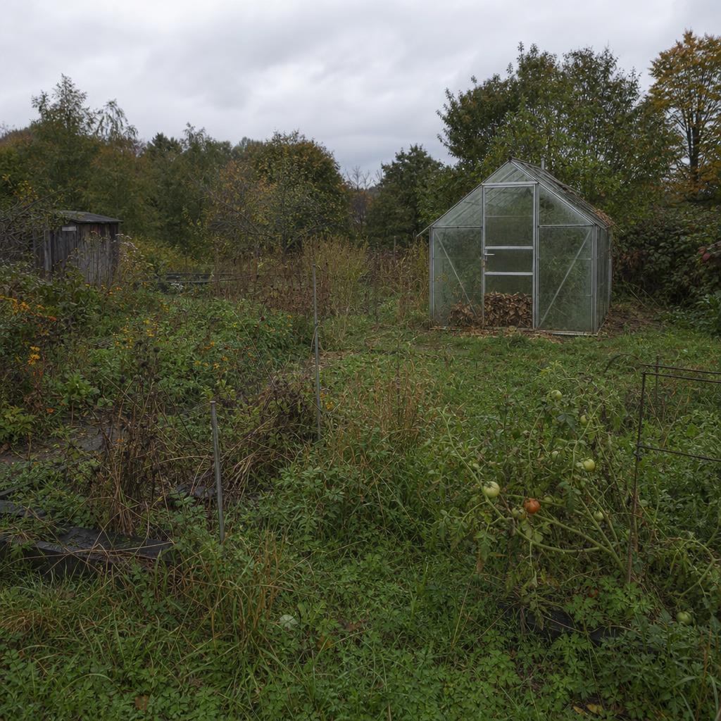 A neglected backyard garden with overgrown flower beds, a closed greenhouse, and drifted leaves under an overcast sky