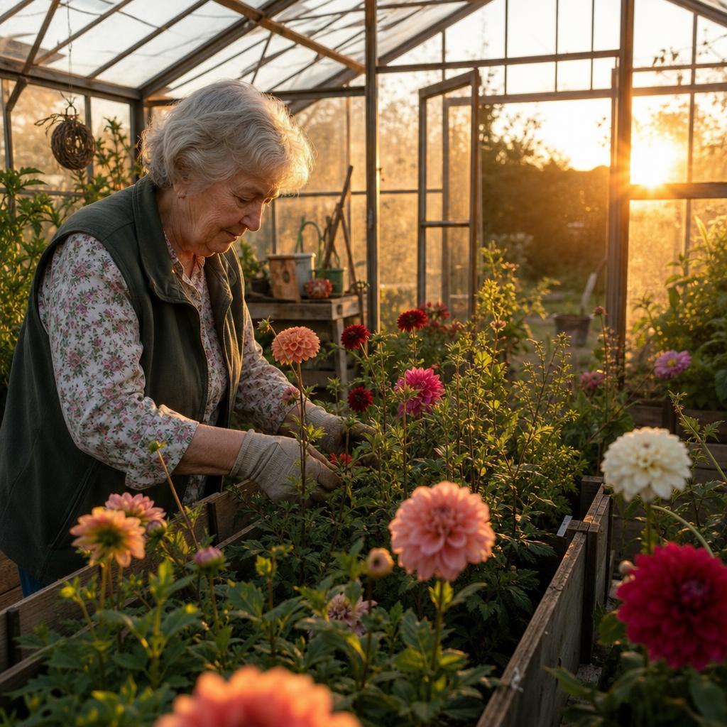 A senior woman in gardening gloves tending flowers inside a reopened greenhouse at golden hour